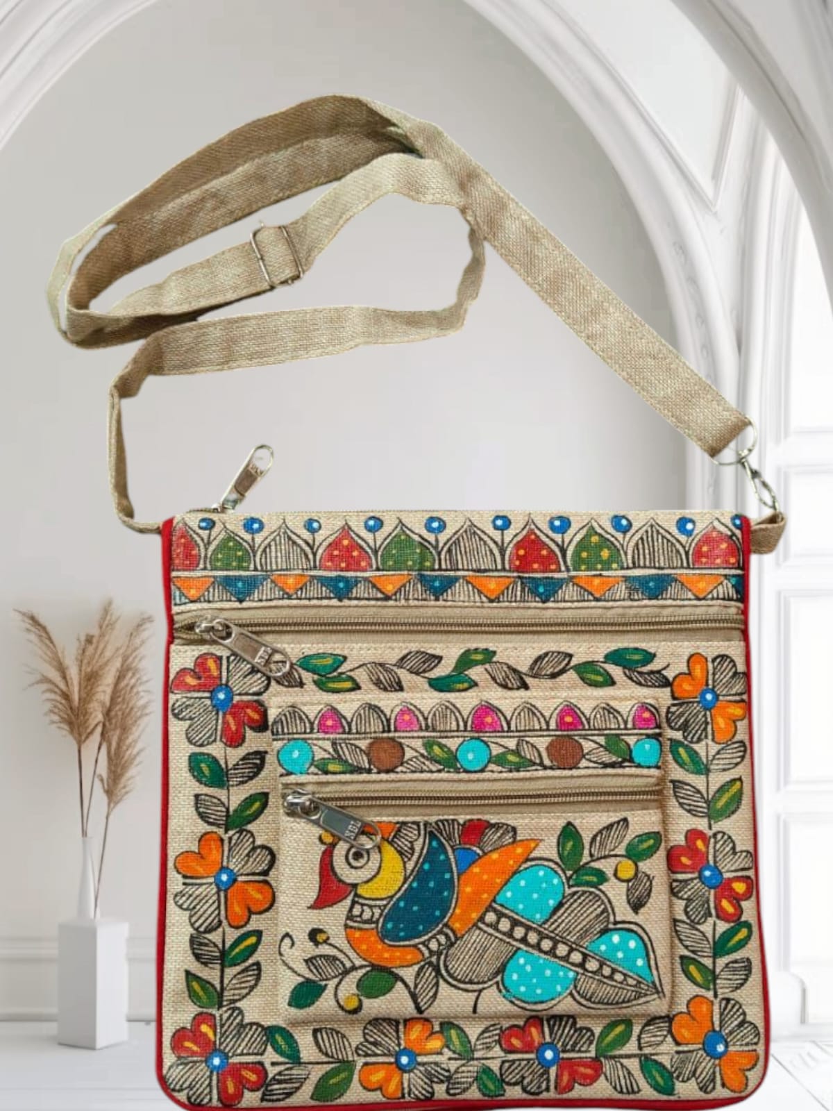Madhubani Painting Cross Bag — hand-painted Madhubani folk art