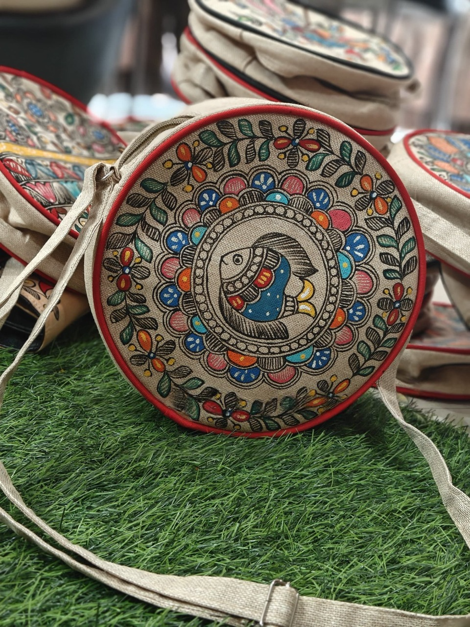 Madhubani Painting Round Sling Bags — hand-painted Madhubani folk art