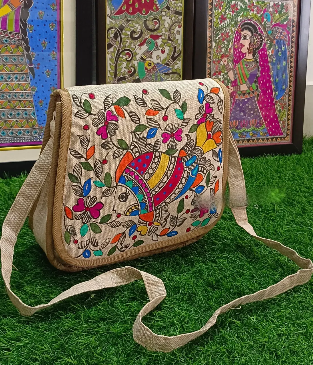 Madhubani Painting Eco Friendly and Trendy Jute Bags — hand-painted Madhubani folk art