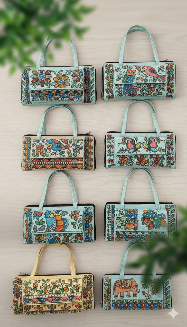 Madhubani Painting Khadi Cotton Jute Purses — hand-painted Madhubani folk art