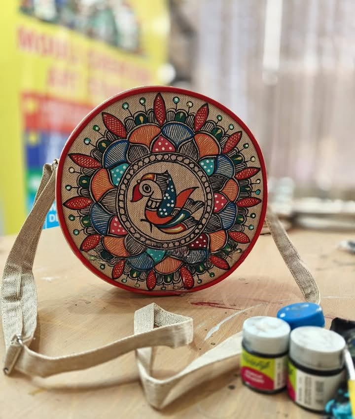 Madhubani Painting Round Sling Bags — hand-painted Madhubani folk art