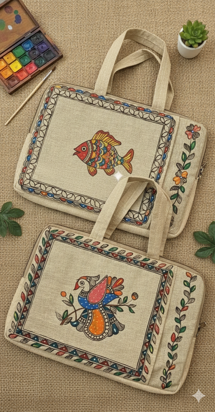 Padded Madhubani painted laptop bag in natural jute
