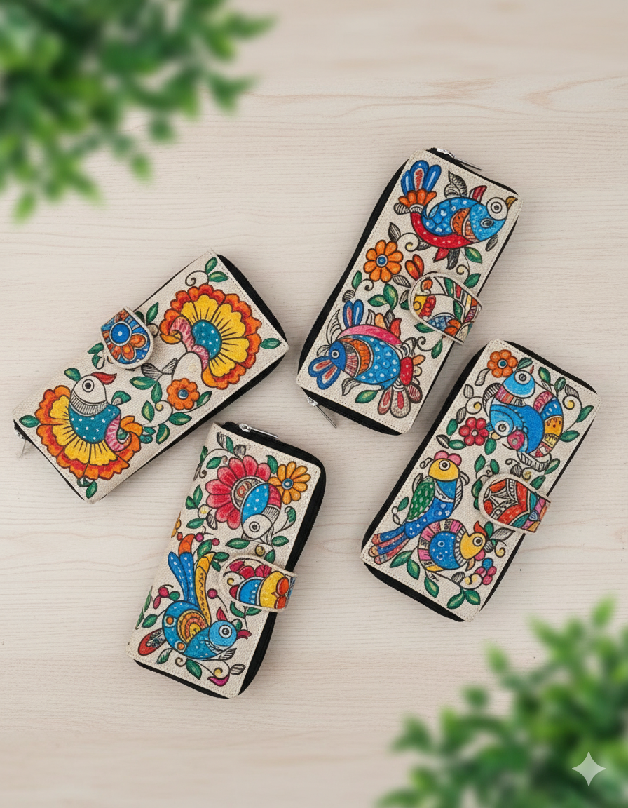 Madhubani Painting Fine Jute Clutches — hand-painted Madhubani folk art