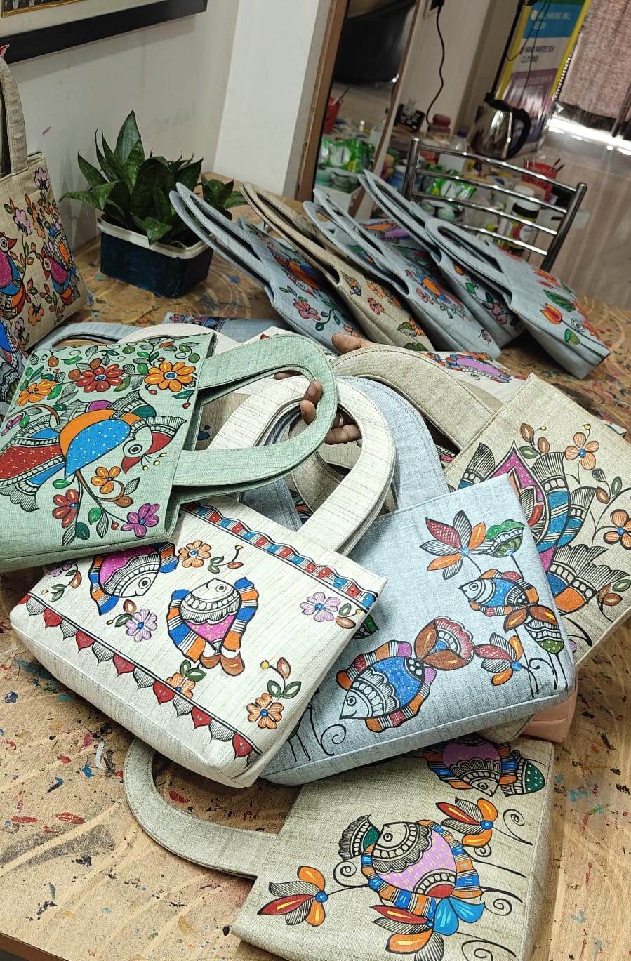 Madhubani Painting Khadi Cotton Purses — hand-painted Madhubani folk art