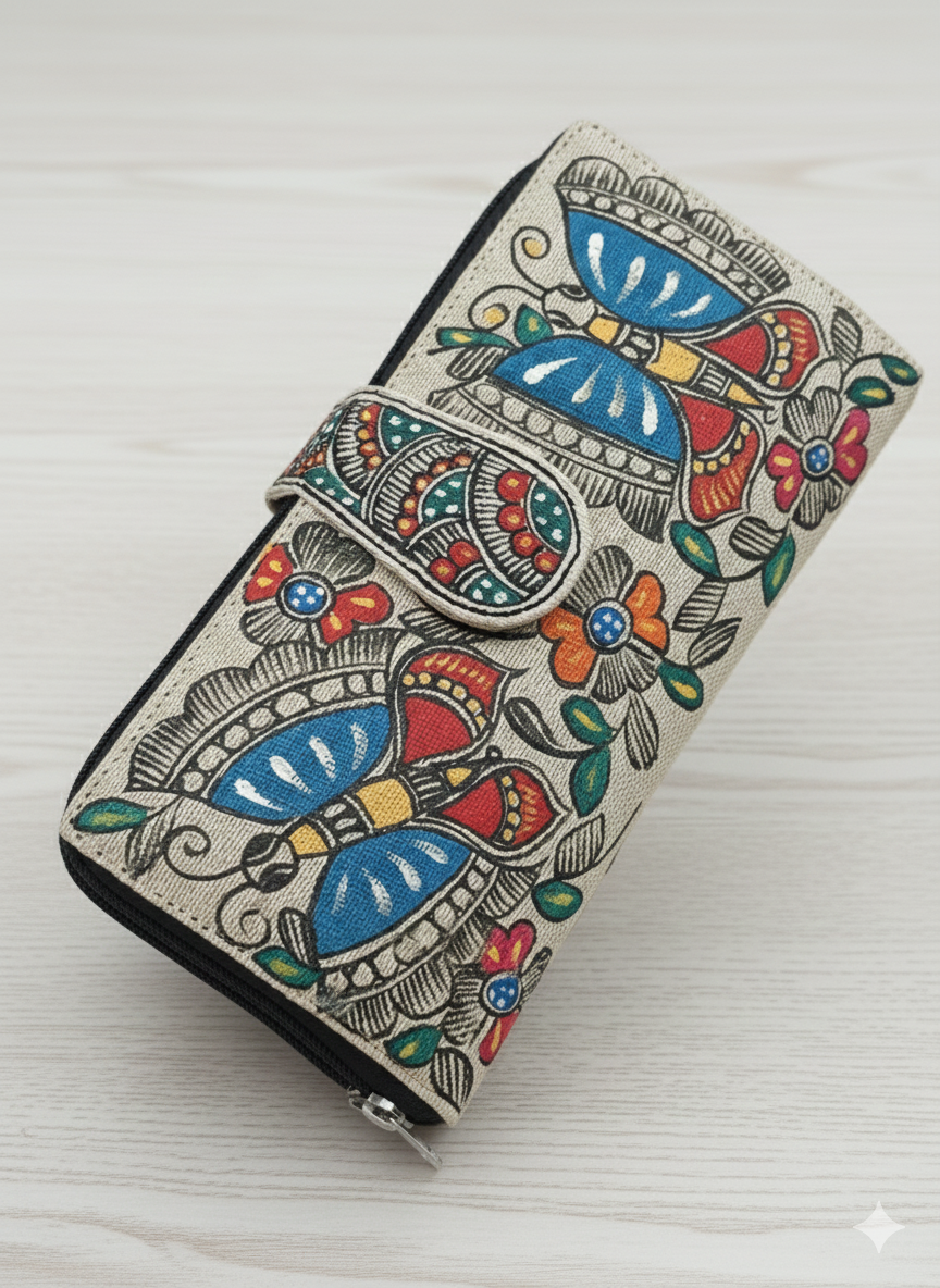 Madhubani Painting Fine Jute Clutches — hand-painted Madhubani folk art