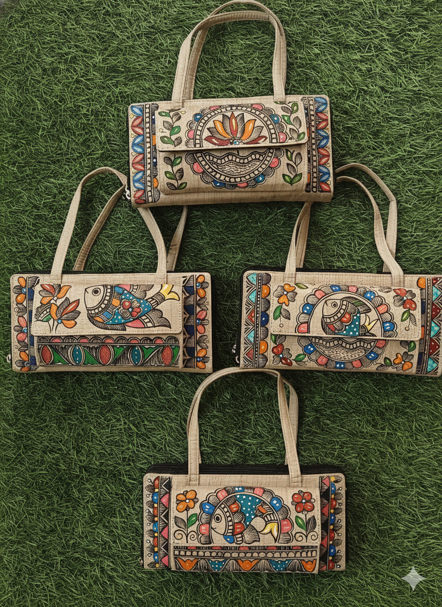 Madhubani Painting Khadi Cotton Jute Purses — hand-painted Madhubani folk art