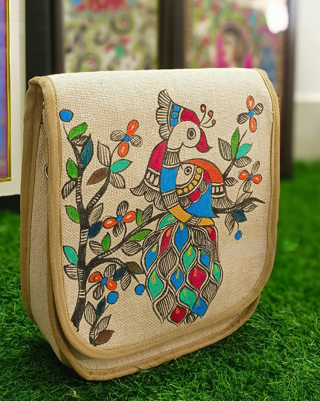 Madhubani jute bag with folk fish and peacock motifs