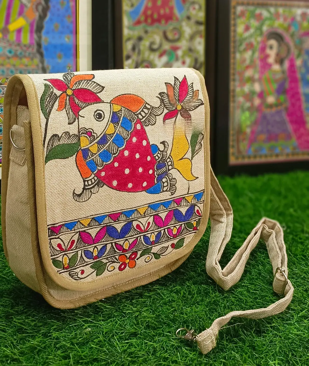 Madhubani Painting Eco Friendly and Trendy Jute Bags — hand-painted Madhubani folk art