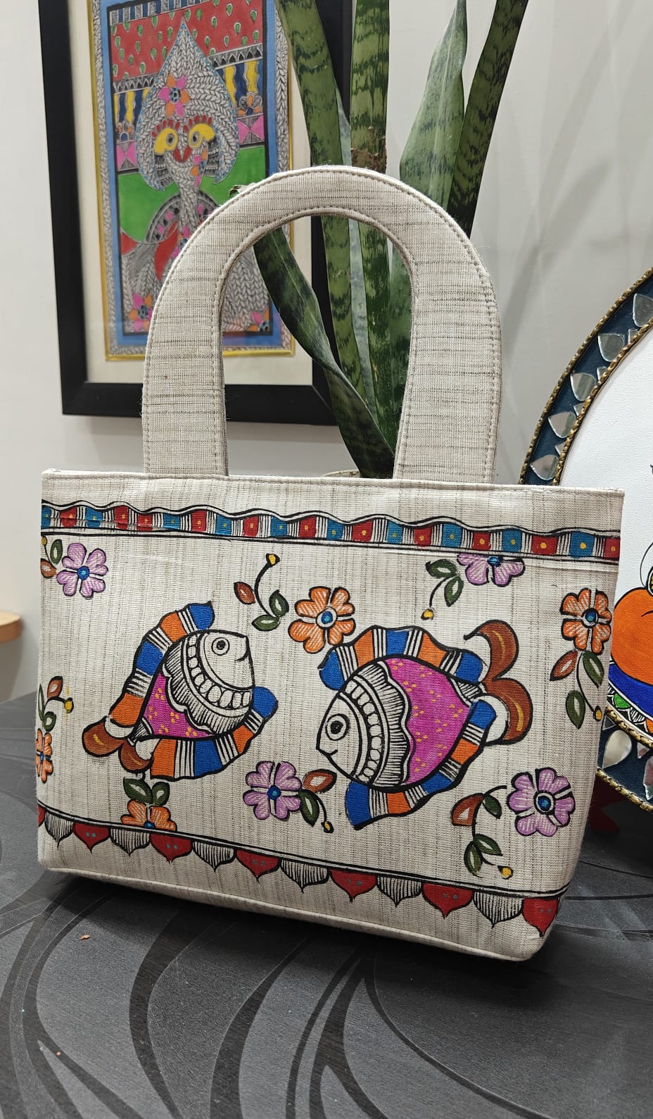 Khadi cotton purse with hand-painted Mithila motifs