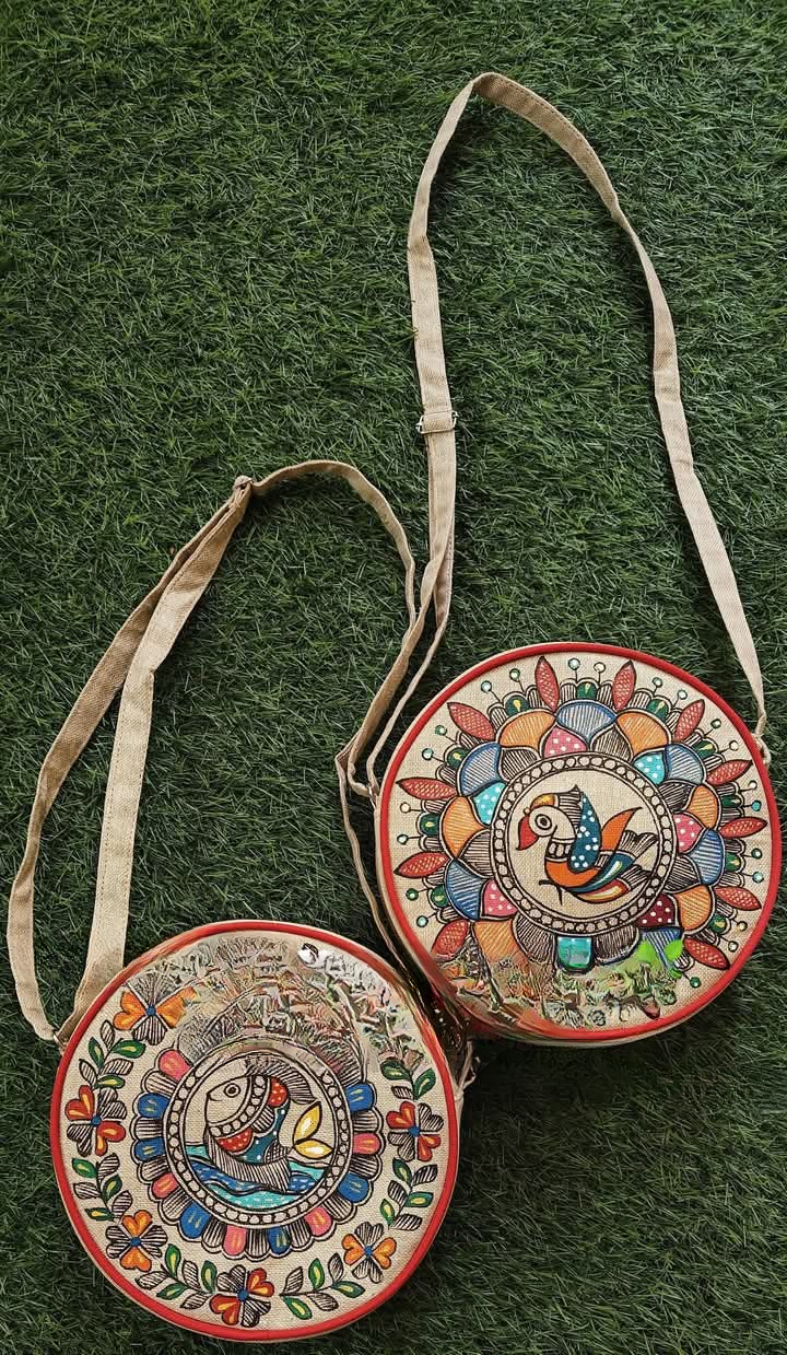Madhubani Painting Round Sling Bags — hand-painted Madhubani folk art