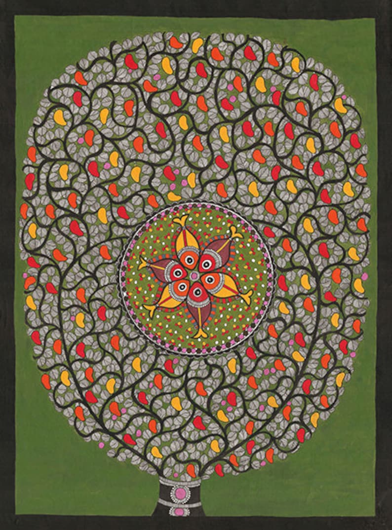 Vibrant Madhubani painting with central fish mandala