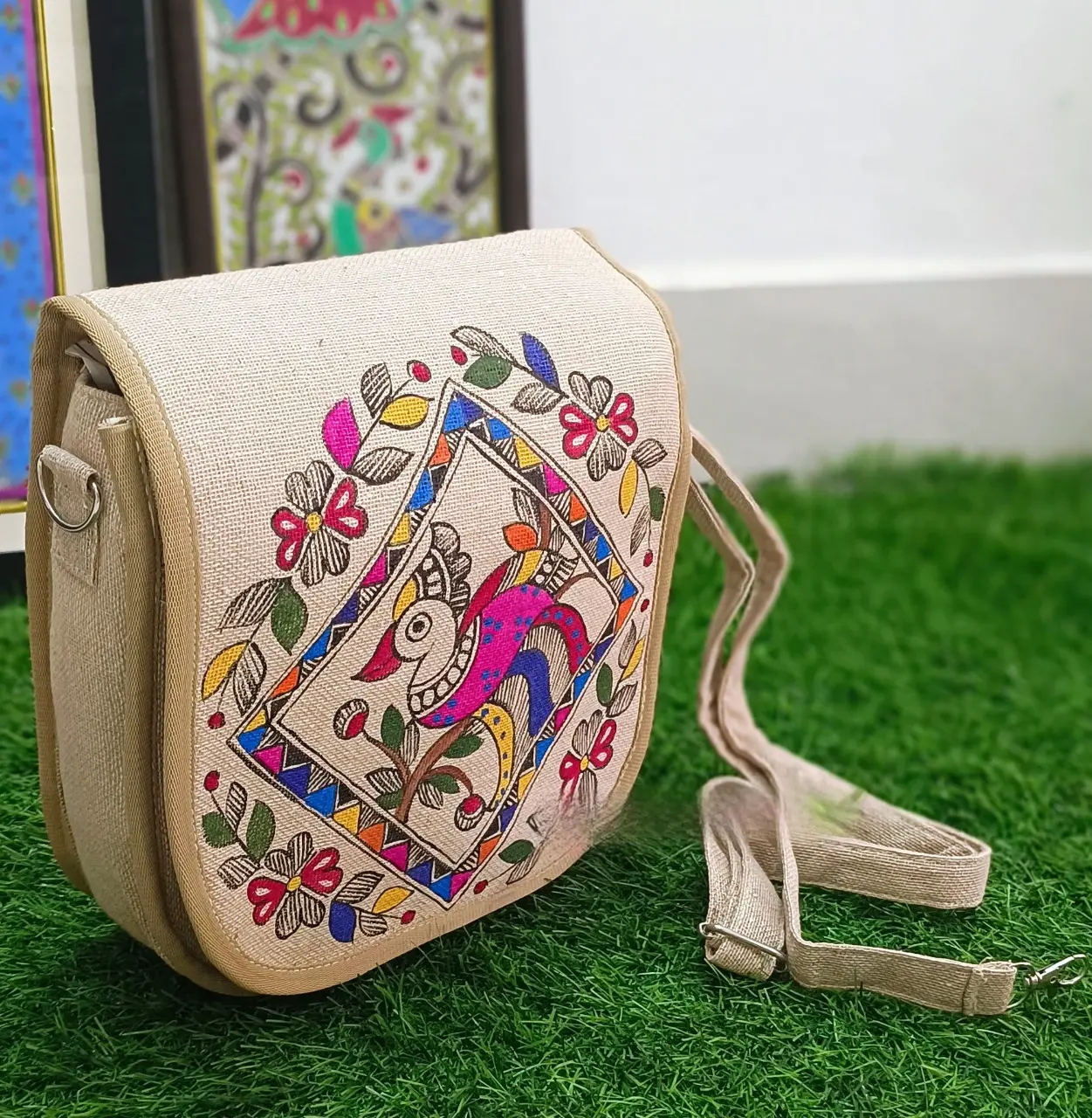 Madhubani Painting Eco Friendly and Trendy Jute Bags — hand-painted Madhubani folk art