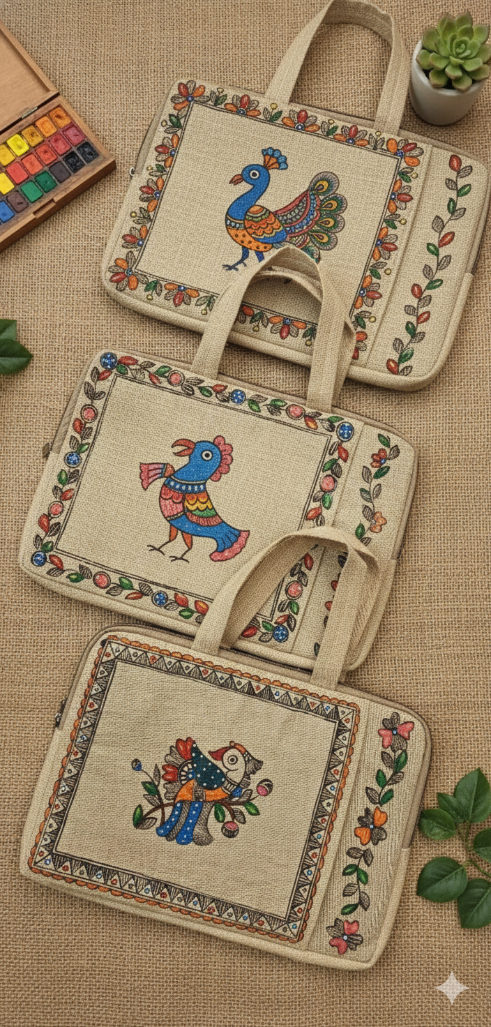 Madhubani laptop bag with peacock motif