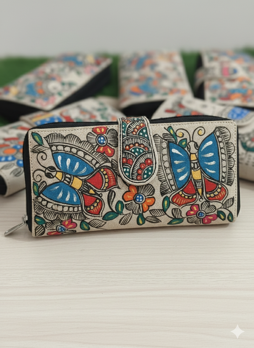 Madhubani Painting Fine Jute Clutches — hand-painted Madhubani folk art
