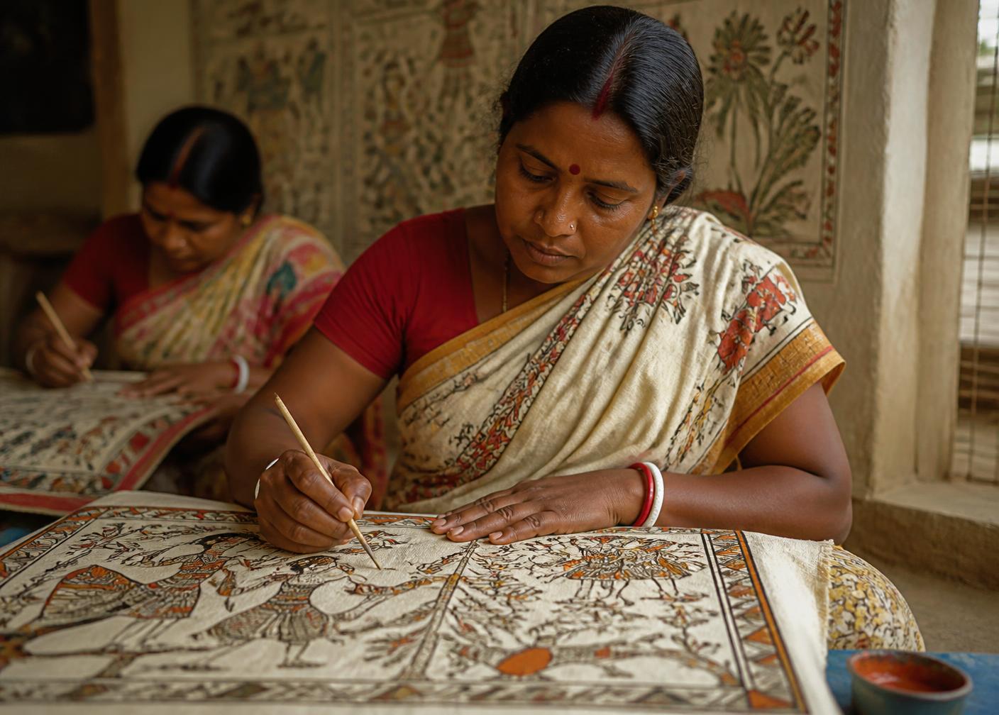Women artisans painting Madhubani motifs in a Bihar village courtyard